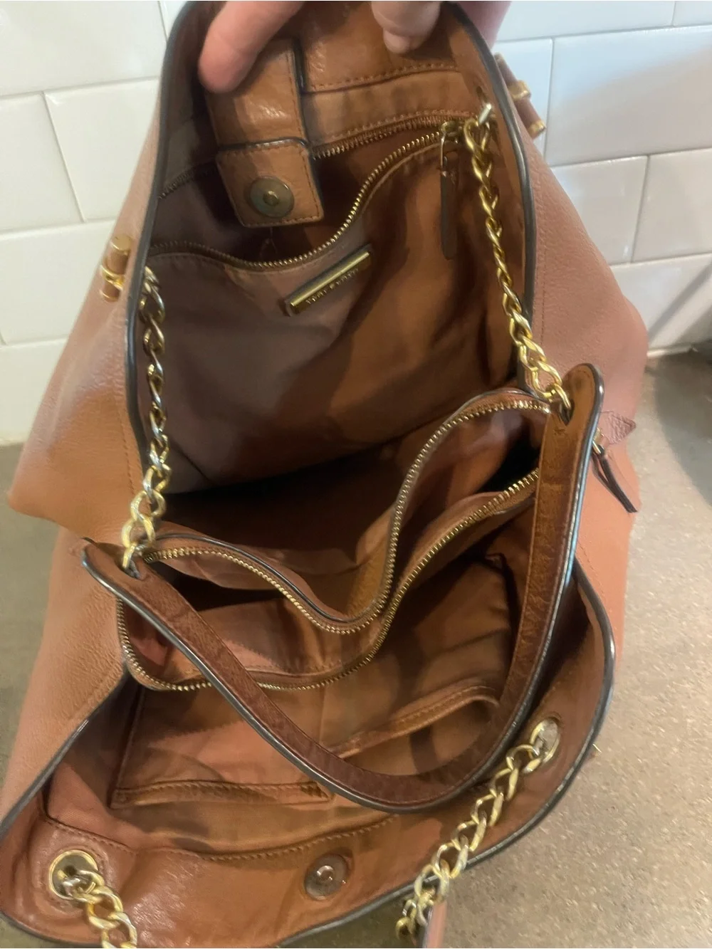 Tory Burch Marion Slouchy Hobo Bag Brown Pebbled Leather Gold Chain Large